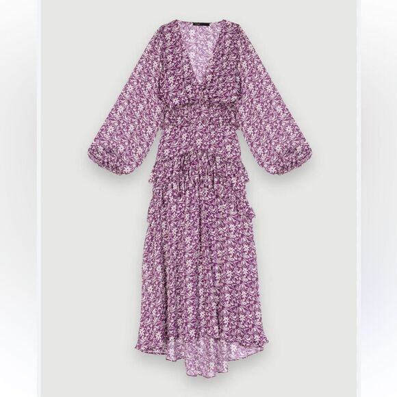 Maje Ronirique Floral-Print Ruffled Maxi Dress purple white peasant $525 42 XL